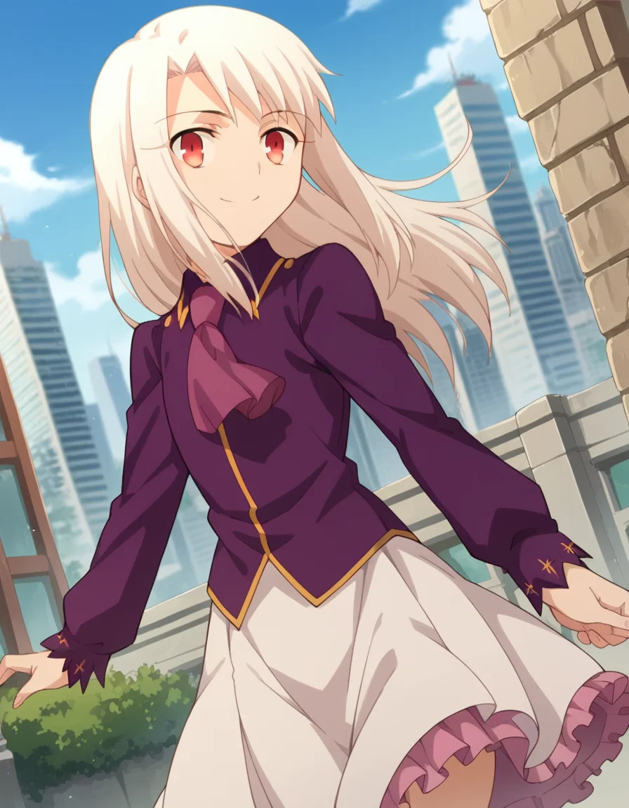 score_9, score_8_up, score_7_up, source_anime,
illyasvielvoneinzbern, <lora:illyasviel-von-einzbern-ponyxl-lora-nochekaiser:1>,
illyasviel von einzbern, long hair, red eyes, white hair, smile,
skirt, shirt, long sleeves, boots, ascot, white skirt, frilled skirt, purple shirt,
outdoors, cityscape,
looking at viewer, cowboy shot, dutch angle, dynamic pose,