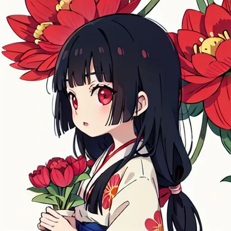 enma ai, hair down, hair black, bangs, eyes red, masterpiece, best quality, ultra-detailed, illustration, 1girl, solo, highres, photorealistic, ultra high res, (Original illustration composition), (fusion of limited color,Maximalism artstyle, kimono obi fashion, double exposure, background, illustration, Amazing, lily spider, night darkness, open one's mouth, finger, bouquet flowers red, low twintails, (polychromatic peony:1.15), Movie poster,