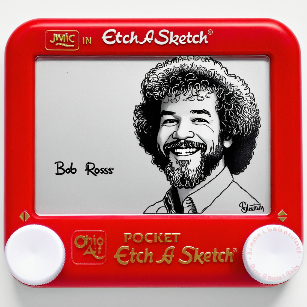 A photo of a red Etch A Sketch toy. The screen of the Etch A Sketch has a drawing Bob Ross on the Screen. Bob Ross is smiling. The toy is on a white background.  <lora:Etch_A_Sketch-000009:1>