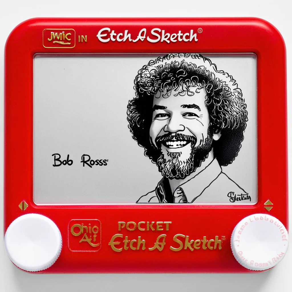 A photo of a red Etch A Sketch toy. The screen of the Etch A Sketch has a drawing Bob Ross on the Screen. Bob Ross is smiling. The toy is on a white background. <lora:Etch_A_Sketch-000009:1>