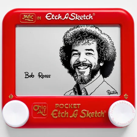 A photo of a red Etch A Sketch toy. The screen of the Etch A Sketch has a drawing Bob Ross on the Screen. Bob Ross is smiling. The toy is on a white background. <lora:Etch_A_Sketch-000009:1>