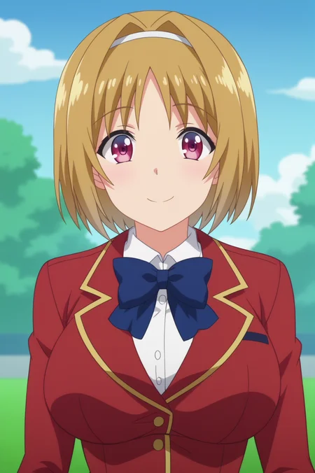 kikyo kushida,anime screencap,1girl,solo,mature,short hair,hairband,smile,brown hair,red jacket,bow,outdoors,sky,standing,smile, school uniform,bow large breasts, <lora:Kikyo Kushida - PDXL2.safetensors:0.8>