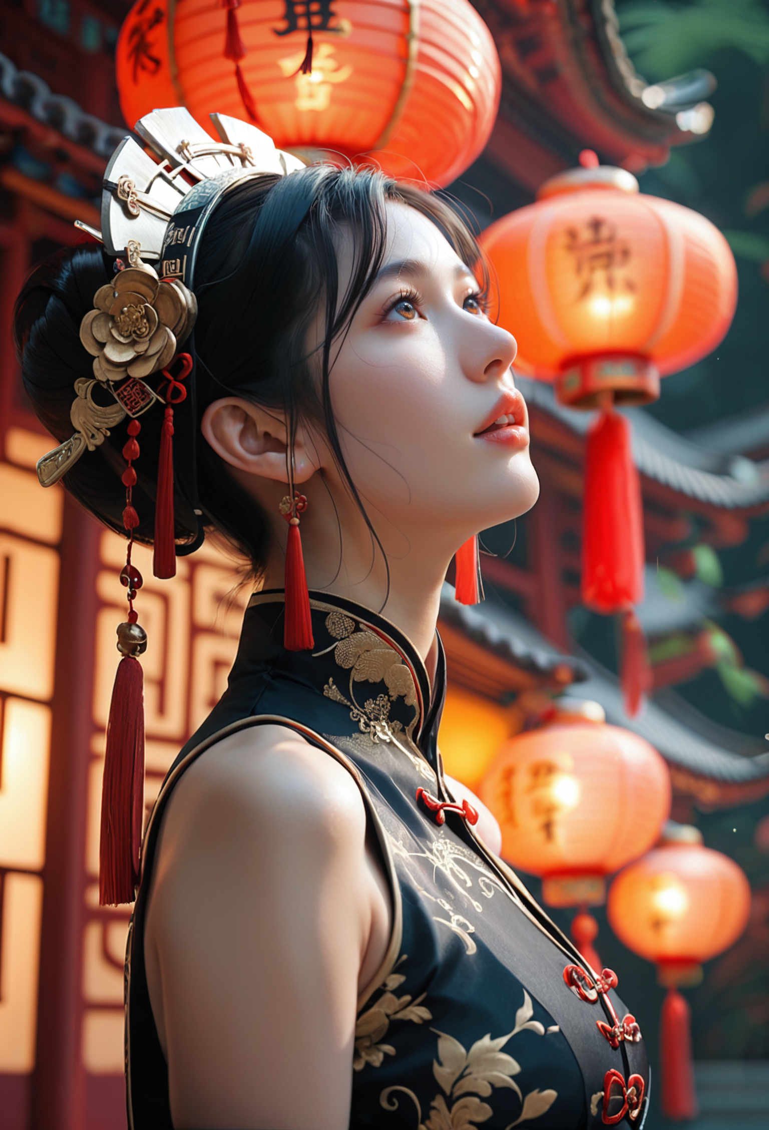 score_9, score_8_up, score_7_up, Girl looking up, front, squarely, Chinese style, black updo, black hair, metal headdress, tassel headdress, top light, look up, soft light