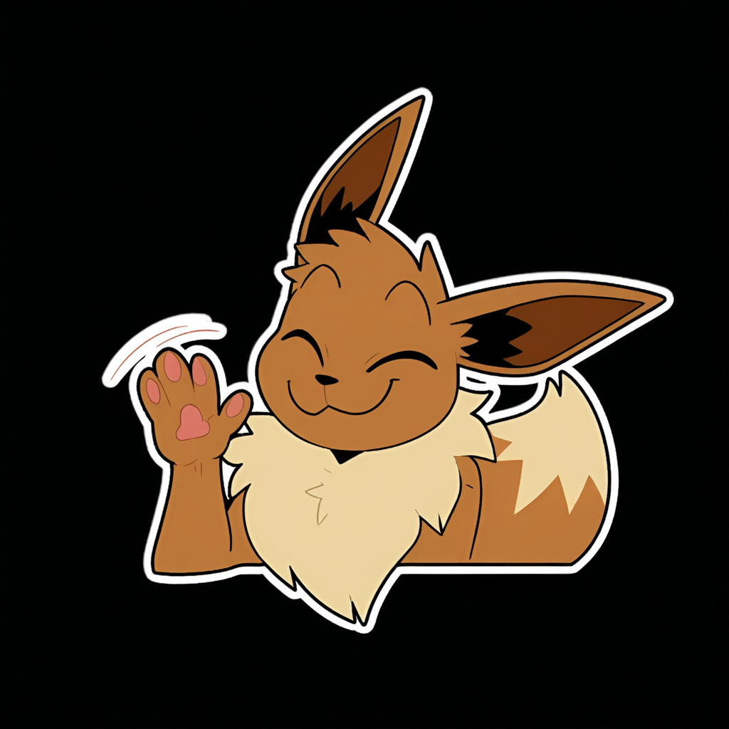 <lora:NowAndLater_Telegram_Sticker_Style_NAI-XL:1> NALTS, sticker, ((black background)), male, solo, anthro, furry, Eevee, smiling, waving, motion lines, closed eyes, best quality, masterpiece