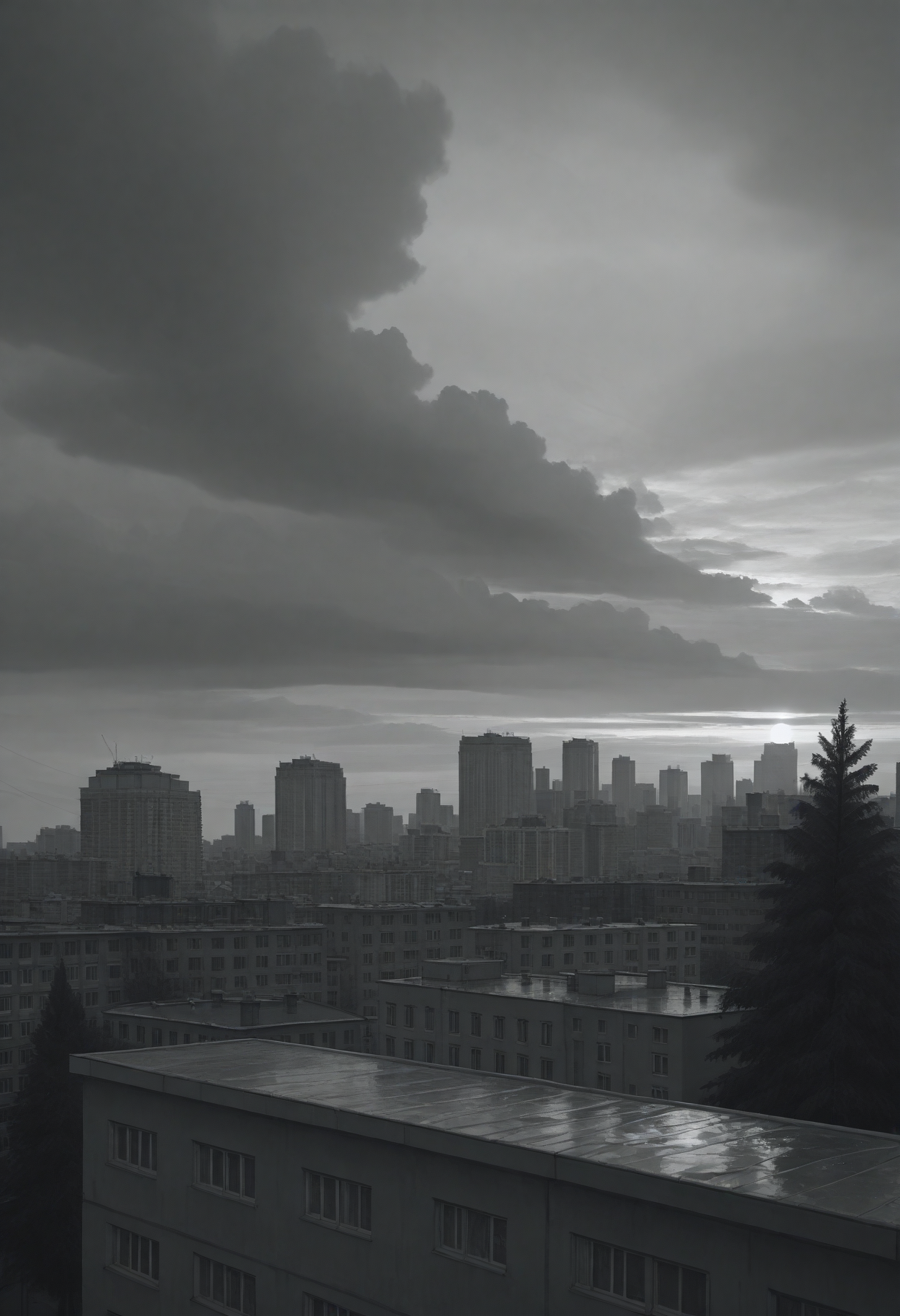 golden hour shot of cityscape shot with (masterpiece), (best quality), (ultra-detailed), looking at viewer, (muscular legs:0.9),
  <lora:dark_v1.9-pony:0.9> dark theme,<lora:NOOB_vp1_detailer_by_volnovik_v1:1.4>  <lora:ebenya:0.8> ebenya, building, outdoors, city, rainy day in a small Russian town,  overcast weather, wet trees, muted colors, melancholic atmosphere, tree,  <lora:Katya_TB_Illv3:0.8> Katya_TB, greyscale, on the roof, . Urban, skyline, architectural, dynamic. Warm light, sunset/sunrise, magical, serene