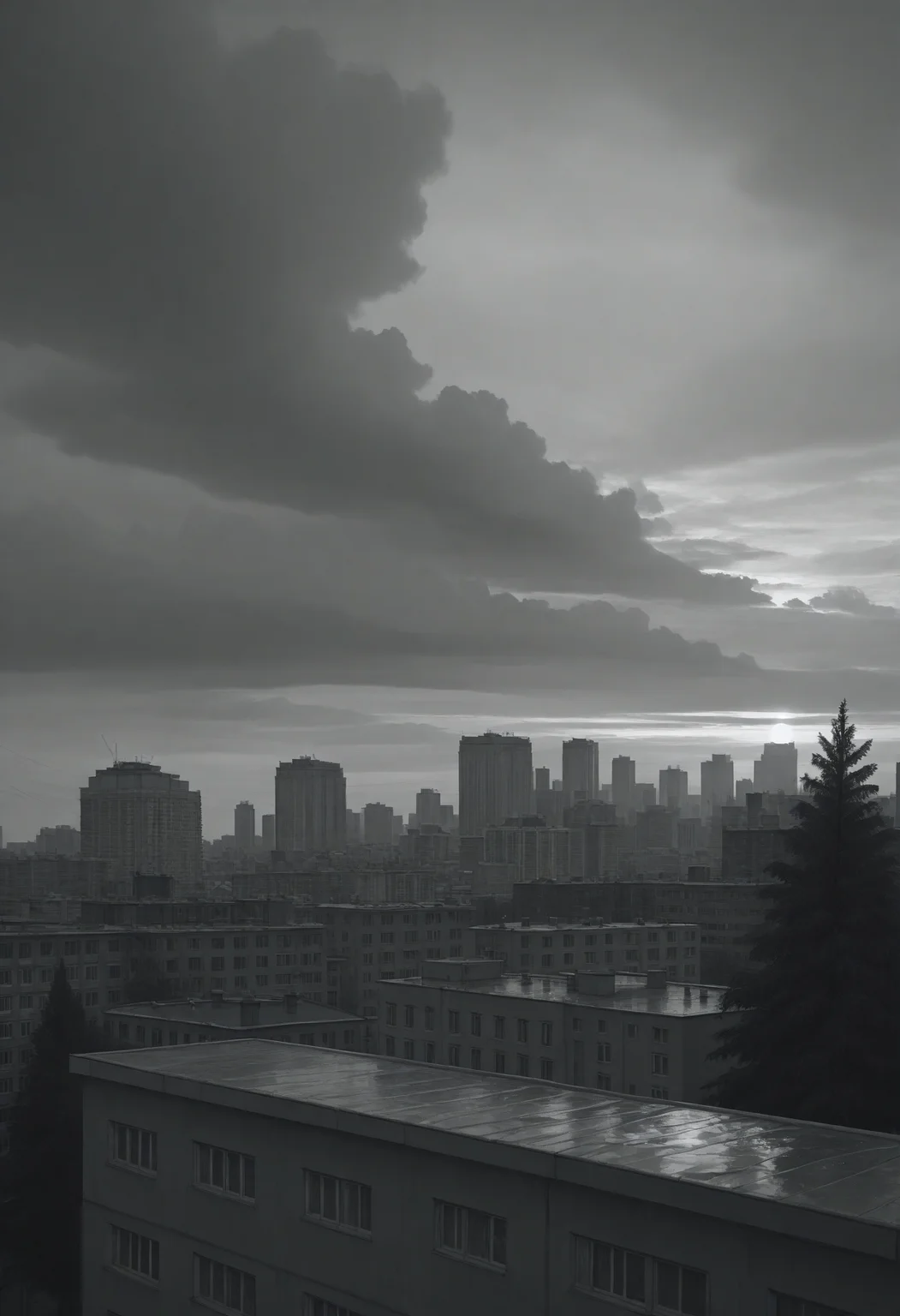 golden hour shot of cityscape shot with (masterpiece), (best quality), (ultra-detailed), looking at viewer, (muscular legs:0.9),
<lora:dark_v1.9-pony:0.9> dark theme,<lora:NOOB_vp1_detailer_by_volnovik_v1:1.4> <lora:ebenya:0.8> ebenya, building, outdoors, city, rainy day in a small Russian town, overcast weather, wet trees, muted colors, melancholic atmosphere, tree, <lora:Katya_TB_Illv3:0.8> Katya_TB, greyscale, on the roof, . Urban, skyline, architectural, dynamic. Warm light, sunset/sunrise, magical, serene