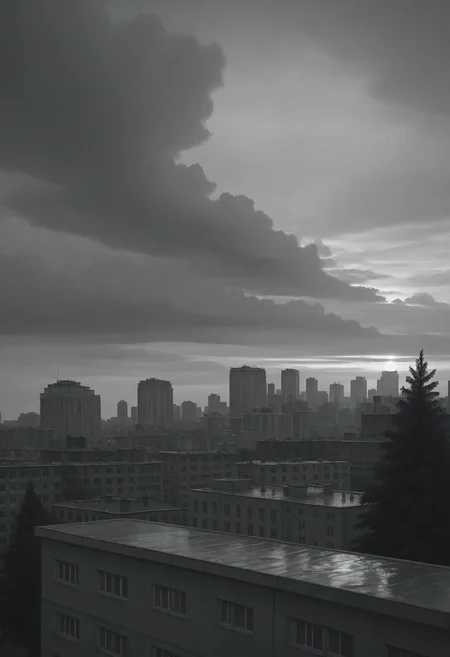 golden hour shot of cityscape shot with (masterpiece), (best quality), (ultra-detailed), looking at viewer, (muscular legs:0.9),
  <lora:dark_v1.9-pony:0.9> dark theme,<lora:NOOB_vp1_detailer_by_volnovik_v1:1.4>  <lora:ebenya:0.8> ebenya, building, outdoors, city, rainy day in a small Russian town,  overcast weather, wet trees, muted colors, melancholic atmosphere, tree,  <lora:Katya_TB_Illv3:0.8> Katya_TB, greyscale, on the roof, . Urban, skyline, architectural, dynamic. Warm light, sunset/sunrise, magical, serene