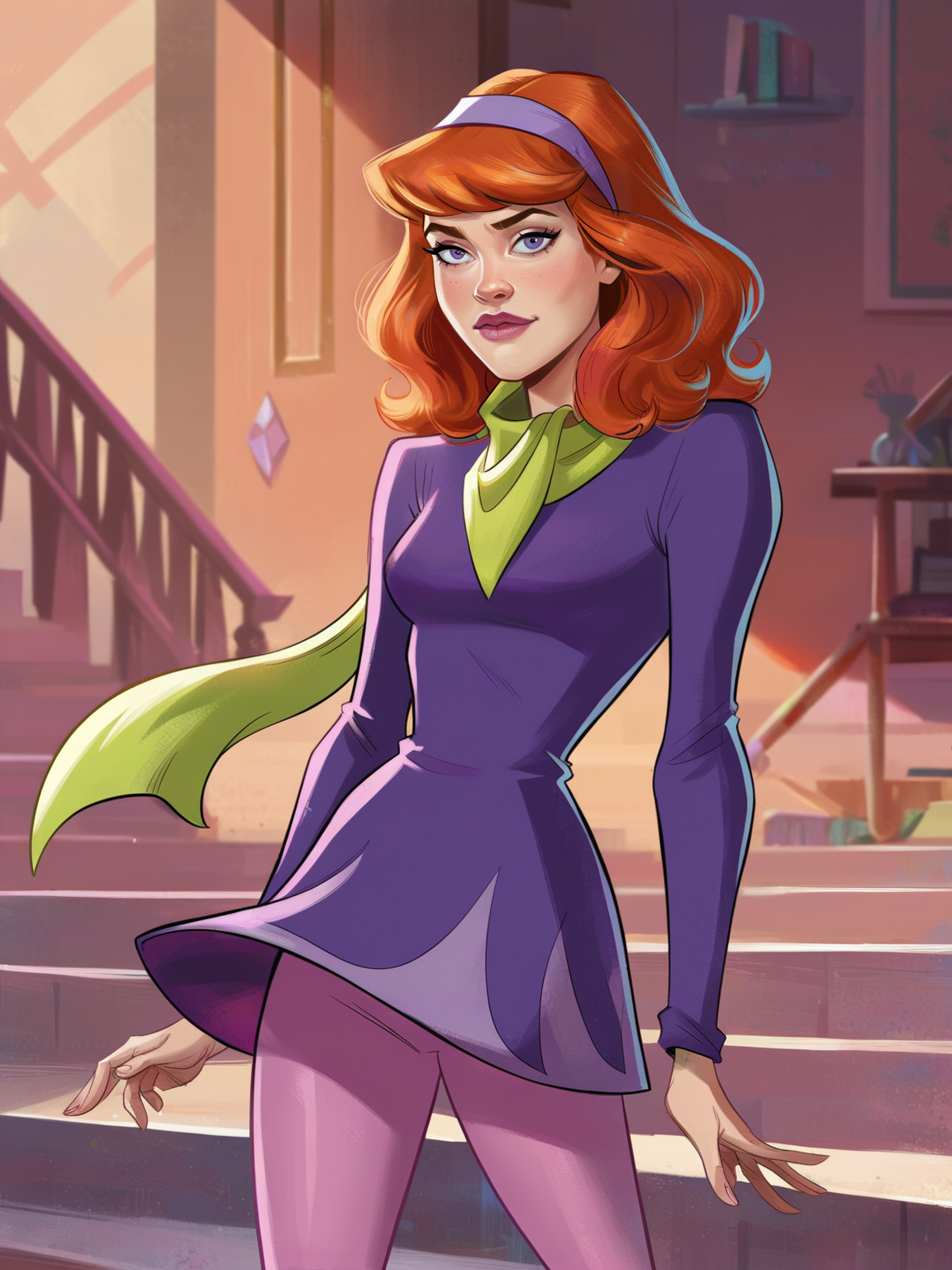 <lora:Daphna:0.4> 1girl, dp_bl, short hair, orange-red hair, bangs, lavender eyes, light-pink lipstick, light-purple headband,green scarf, purple mini-dress, pink tights,
 <lora:Concept Art Brush Style LoRA_Pony XL v6:1> realistic, concept art, digital art, score_9, score_8_up, score_7_up,