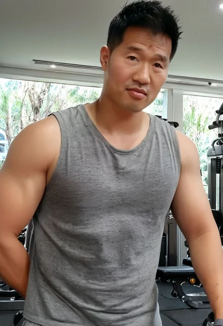 (((htkangface))), daddy,  natural face expression, (((detailed HtKangface))), fixed htKangface Photorealistic, realistic, masterpiece, intricate details, detailed background, depth of field, photo of a handsome, dynamic pose, natural face expression, (((looking at viewer))), high detail, high quality, male focus, ((full body)), ((serious)), ((gym background)), training, ((tank top))