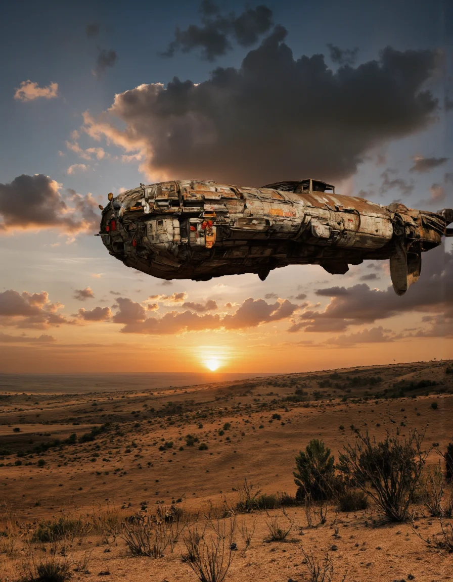Art by Col Price & Ronan Le Fur.
A photo-realistic shoot from a below camera angle about a futuristic flying saucer floating over a desert landscape during sunset. the image also shows a large, metallic spaceship with a sleek, futuristic design, suspended in mid-air over a hilly landscape. on the middle of the image, the spaceship appears to be floating, with intricate details and a metallic sheen, giving it a sense of depth and dimension. the spaceship is filled with various mechanical components, including a central control panel, several smaller control panels, and several additional control panels. it is surrounded by a vast expanse of orange and yellow hues, with a few scattered clouds in the sky. the sky is a deep blue, with the sun setting in the distance, casting a warm glow over the landscape. the ground below is dry and barren, with patches of grass and shrubs scattered throughout.