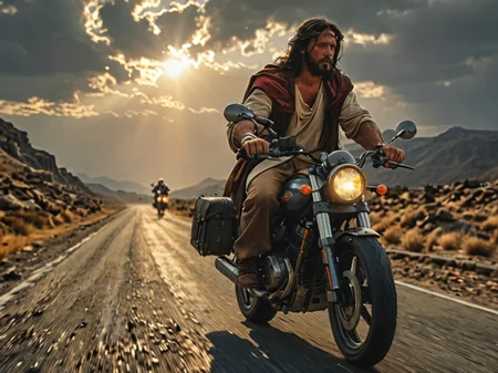 jesus christ on a motorbike <lora:add-detail-xl:1>,  epic shot, sharp image, dramatic lighting, highest quality, 8k, dark colors <lora:MJ52:0.6>