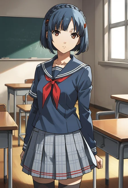 score_9, score_8_up, source_anime, 1 girl, solo, cute face,
p4aika, short hair, blue hair, hair ornament, crown braid,
school uniform, serafuku, yasogami school uniform, skirt, brown eyes, houndstooth skirt, black thighhighs, zettai ryouiki,
looking at viewer, expressionless, standing,
inside, classroom,
masterpiece, best quality, ultra detailed,