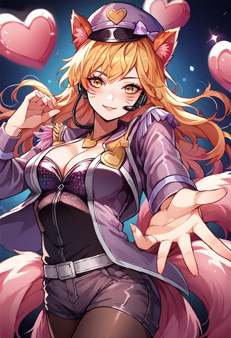 score_9, score_8_up, score_7_up, source_anime, ahrippstr, animal ears, facial mark, fox tail, multiple tails, long hair, blonde hair, yellow eyes, large breasts, jewelry, headset, peaked cap, hat bow, epaulettes, heart necklace, idol, open jacket, purple shirt, cleavage, zipper, long sleeves, belt, short shorts, pantyhose under shorts, black pantyhose, cowboy shot, sparkly clothing, purple shorts, idol, seductive smile, , <lora:Ahri_Popstar_pdxl_Incrs_v1:1>, pink fox tail, <lora:Beckoning_XLPD:1>, beckoning, reaching towards viewer, looking at viewer