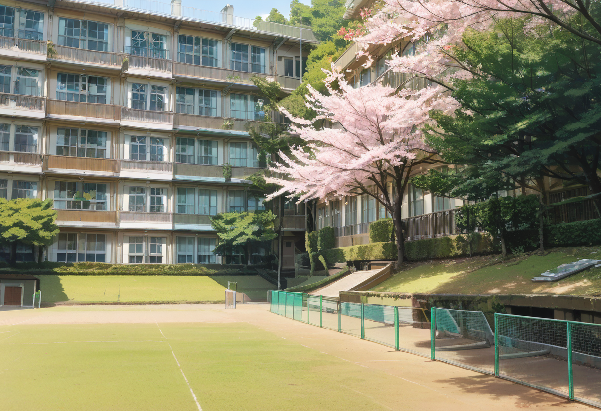 score_9, score_8_up, score_7_up, rating_safe, masterpiece, best quality, absurdres, unity 8k wallpaper, official art, official style, source_anime, uncensored, game cg, megami magazine,
tyoureidai, koutei, scenery, outdoors, building, fence, window, japan, day, tree, grass, sky
 <lora:gakkou_ground_PONY_V1:1>