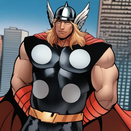(blurry background), th1or03, blonde hair, blue eyes, 1boy, male focus, bara, solo, standing, new york city, buildings, day, sky,  hands behind back, metal helmet, white wings, black bodysuit, metal circles, red cape, red bracelets, golden belt, black pants, looking at viewer, light smile,  <lora:Thor:1>