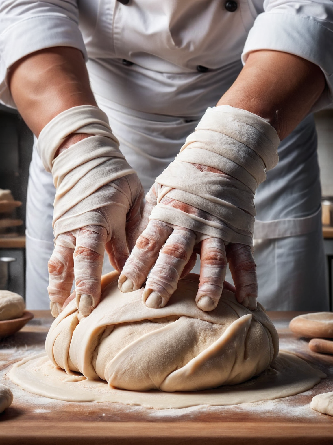 A close-up of a chef's hands, fingers playfully ais-bndgs, kneading dough <lora:ais-bndgs-sdxl:1>