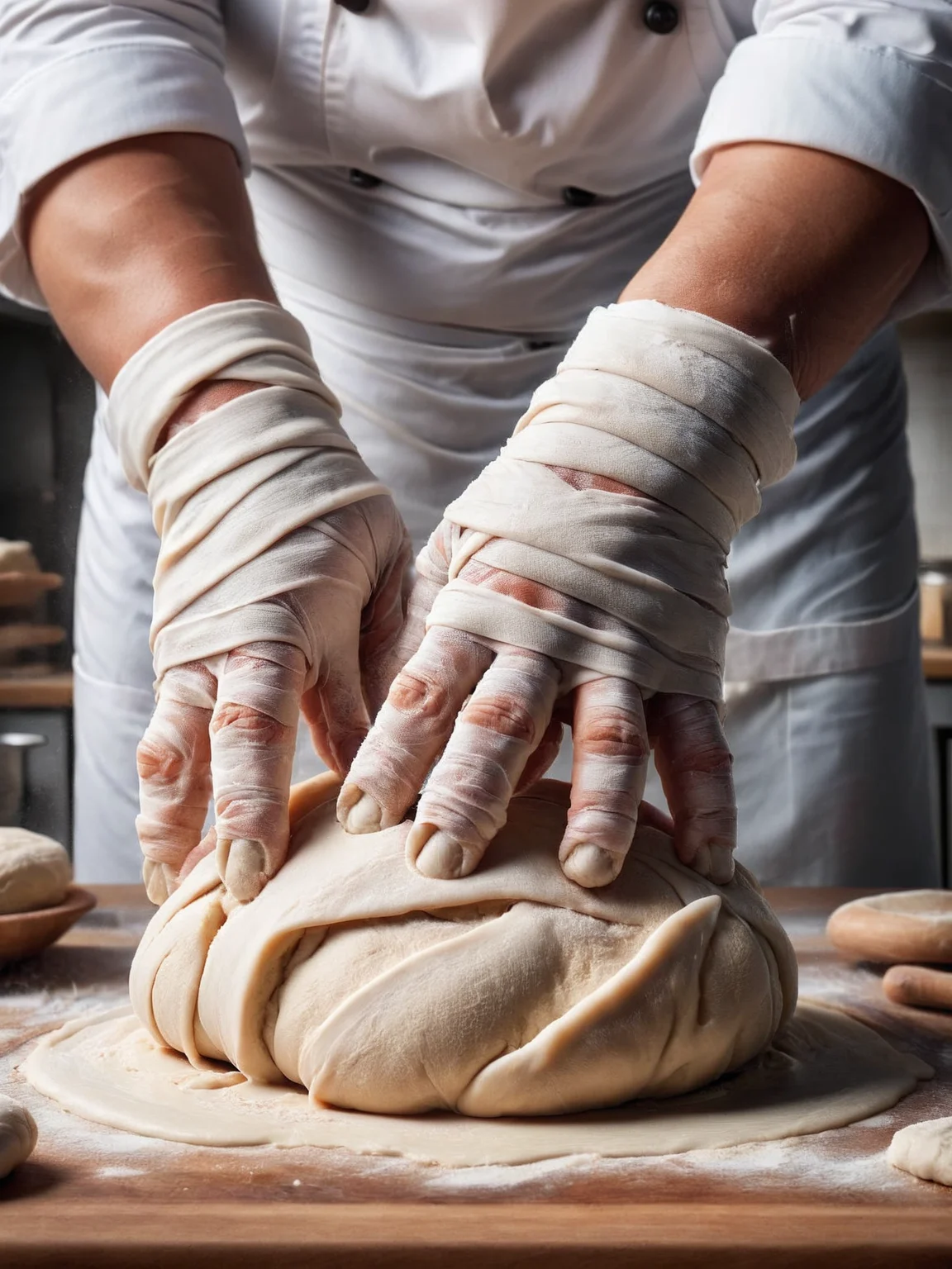 A close-up of a chef's hands, fingers playfully ais-bndgs, kneading dough <lora:ais-bndgs-sdxl:1>