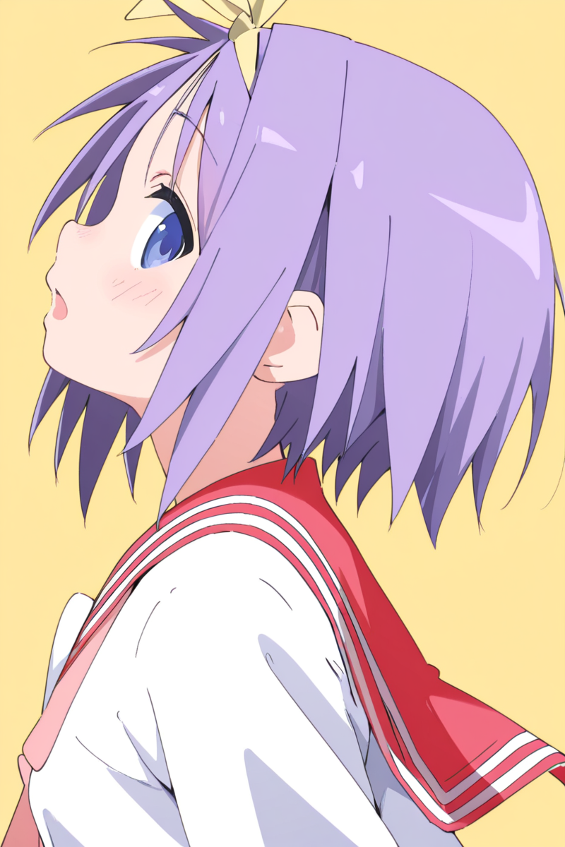 masterpiece, best quality, amazing quality,
 <lora:Cynical_IL:1> cynical, 1girl, solo, school uniform, purple hair, short hair, ryouou school uniform, serafuku, sailor collar, blue eyes, looking at viewer, yellow hairband, hairband, yellow background, open mouth, red sailor collar, simple background, from side, profile, tsukasa