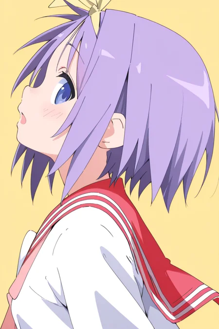 masterpiece, best quality, amazing quality,
<lora:Cynical_IL:1> cynical, 1girl, solo, school uniform, purple hair, short hair, ryouou school uniform, serafuku, sailor collar, blue eyes, looking at viewer, yellow hairband, hairband, yellow background, open mouth, red sailor collar, simple background, from side, profile, tsukasa
