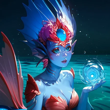 score_9, score_8_up, (high quality), highly detaily , Expressiveh, solo, beautiful, 1 girl, Kiora, Kiora from Magic: The Gathering, merfolk, (((monster girl))), monster, blue skin, beautiful eyes, opened eyes, (perfect body), (she is in the ocean)
