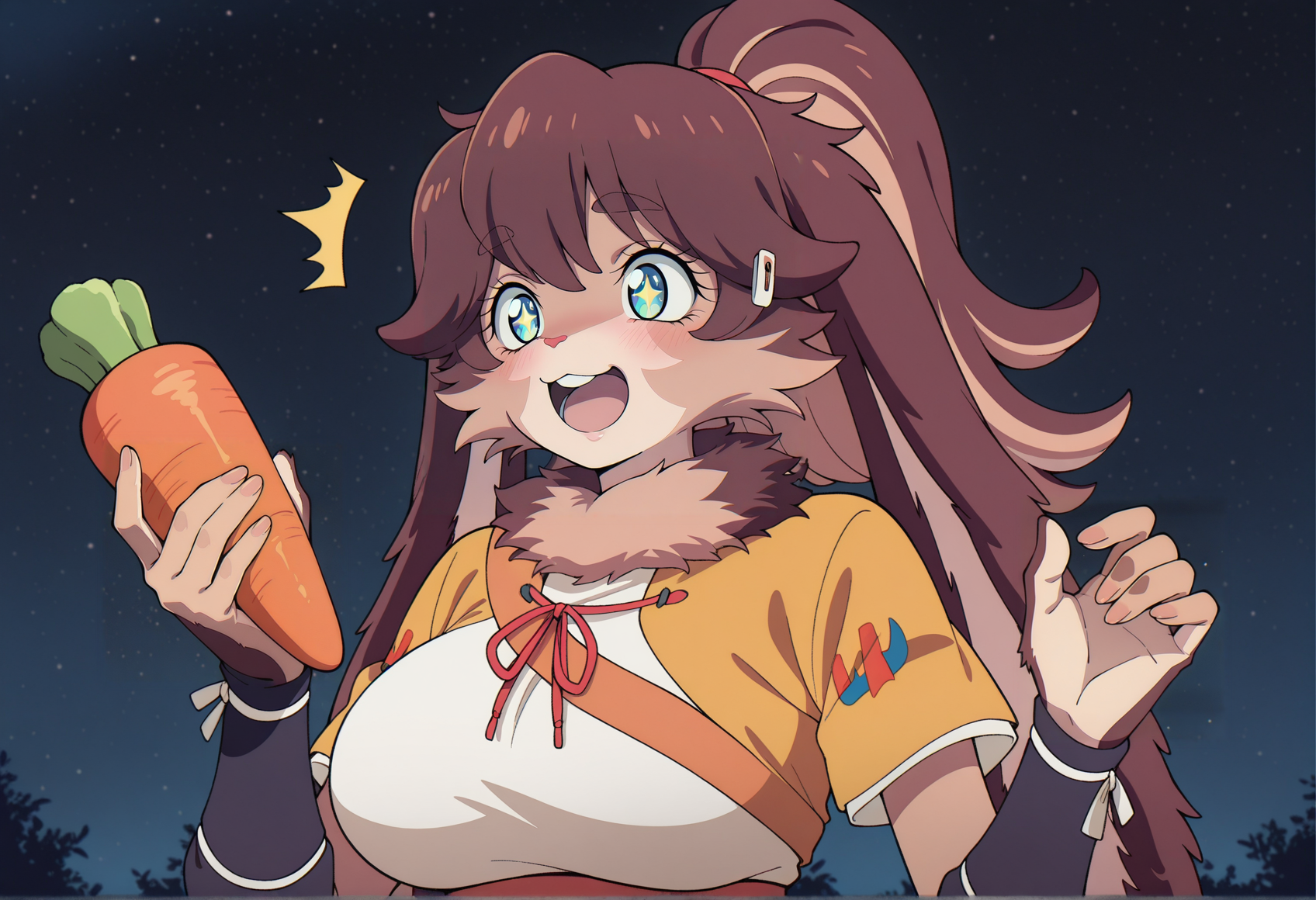 anime screencap, anime screenshot, anime coloring, 1girl, furry female, rabbit girl, long hair, brown hair, ponytail, blue eyes, furry, japanese clothes, wristbands, obi, short sleeves, fur collar, hands up, big breasts, surprised, blush, starry eyes, holding carrot, smile, open mouth  <lora:lop_illus:1>, masterpiece, best quality, amazing quality, very aesthetic, absurdres, highres, newest