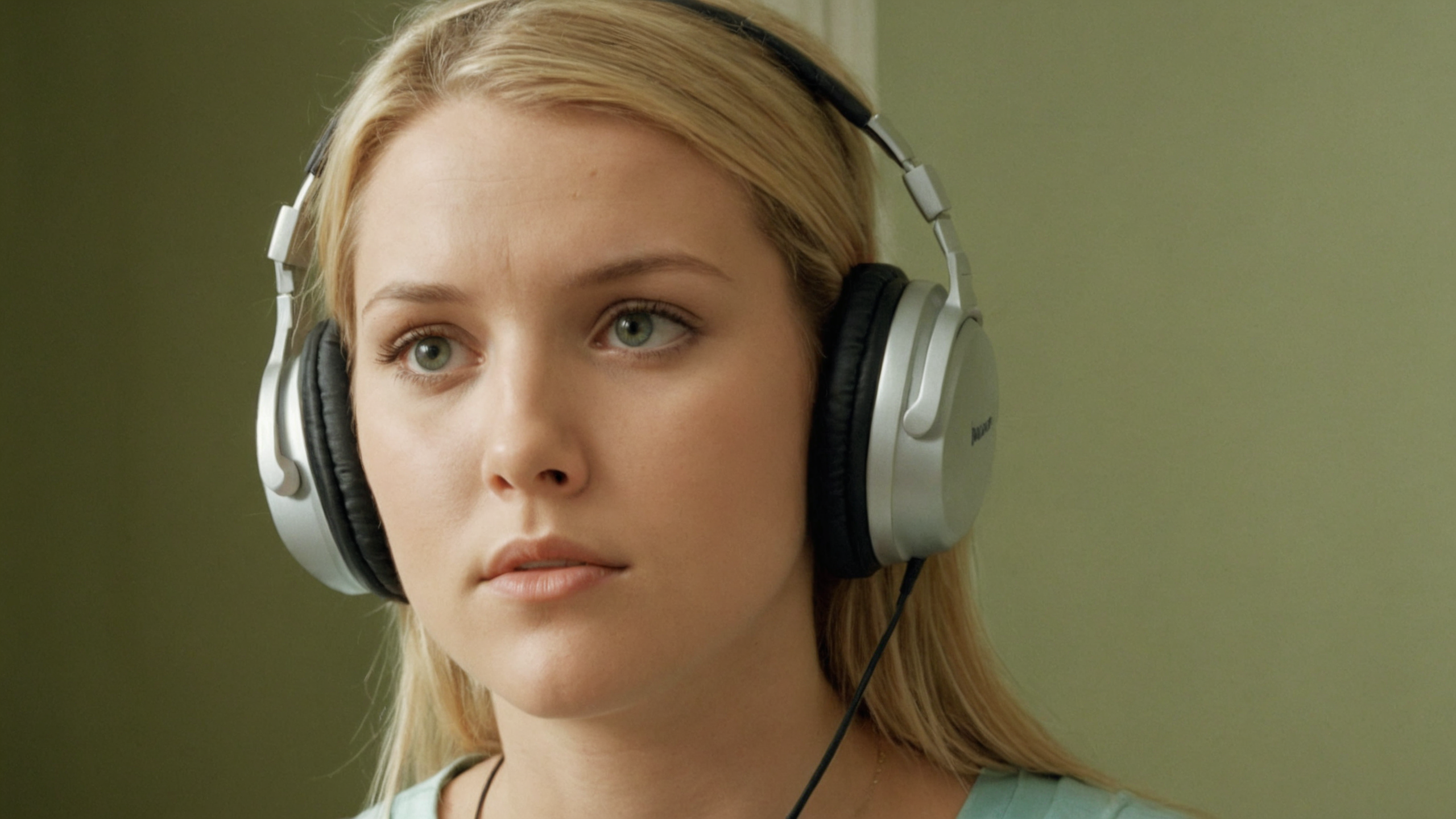film still from 2000s movie, woman with headphones, film grain