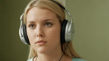 film still from 2000s movie, woman with headphones, film grain