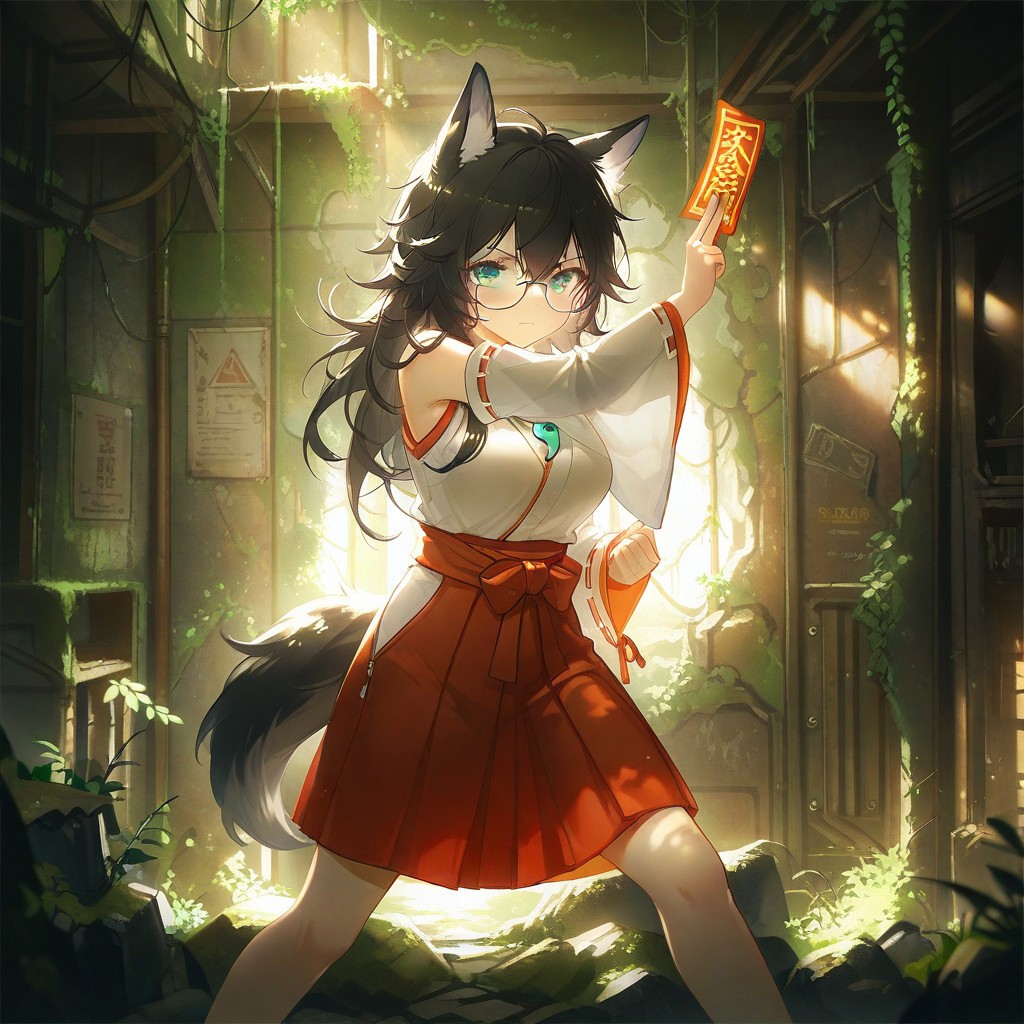 cute girl ,miko,wolf ears,wolf tail,Long hair,black hair, tareme,aqua eyes,close mouth,skin fang, messy hair , glasses, large breasts, magatama pendant, ofuda,detached sleeves,wide sleeves,kimono,hakama,short skirt,((fantasy)),((dark library )),indoors,light particle,light rays,glowing,moss,nature,dappled sunlight ,crack,vines,post-apocalypse ,overgrown ,(abandoned ),holding ofuda,fighting_stance ,BREAK,(masterpiece, best quality, very aesthetic, absurdres),Dramatic Lighting, pose,feet out of frame
usnr,