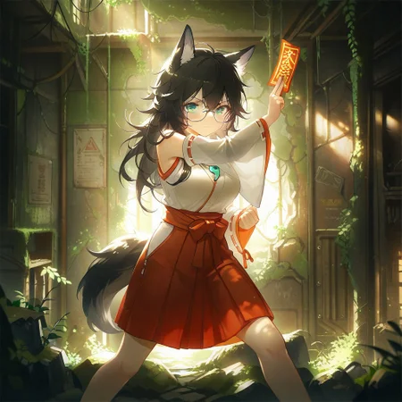 cute girl ,miko,wolf ears,wolf tail,Long hair,black hair, tareme,aqua eyes,close mouth,skin fang, messy hair , glasses, large breasts, magatama pendant, ofuda,detached sleeves,wide sleeves,kimono,hakama,short skirt,((fantasy)),((dark library )),indoors,light particle,light rays,glowing,moss,nature,dappled sunlight ,crack,vines,post-apocalypse ,overgrown ,(abandoned ),holding ofuda,fighting_stance ,BREAK,(masterpiece, best quality, very aesthetic, absurdres),Dramatic Lighting, pose,feet out of frame
usnr,