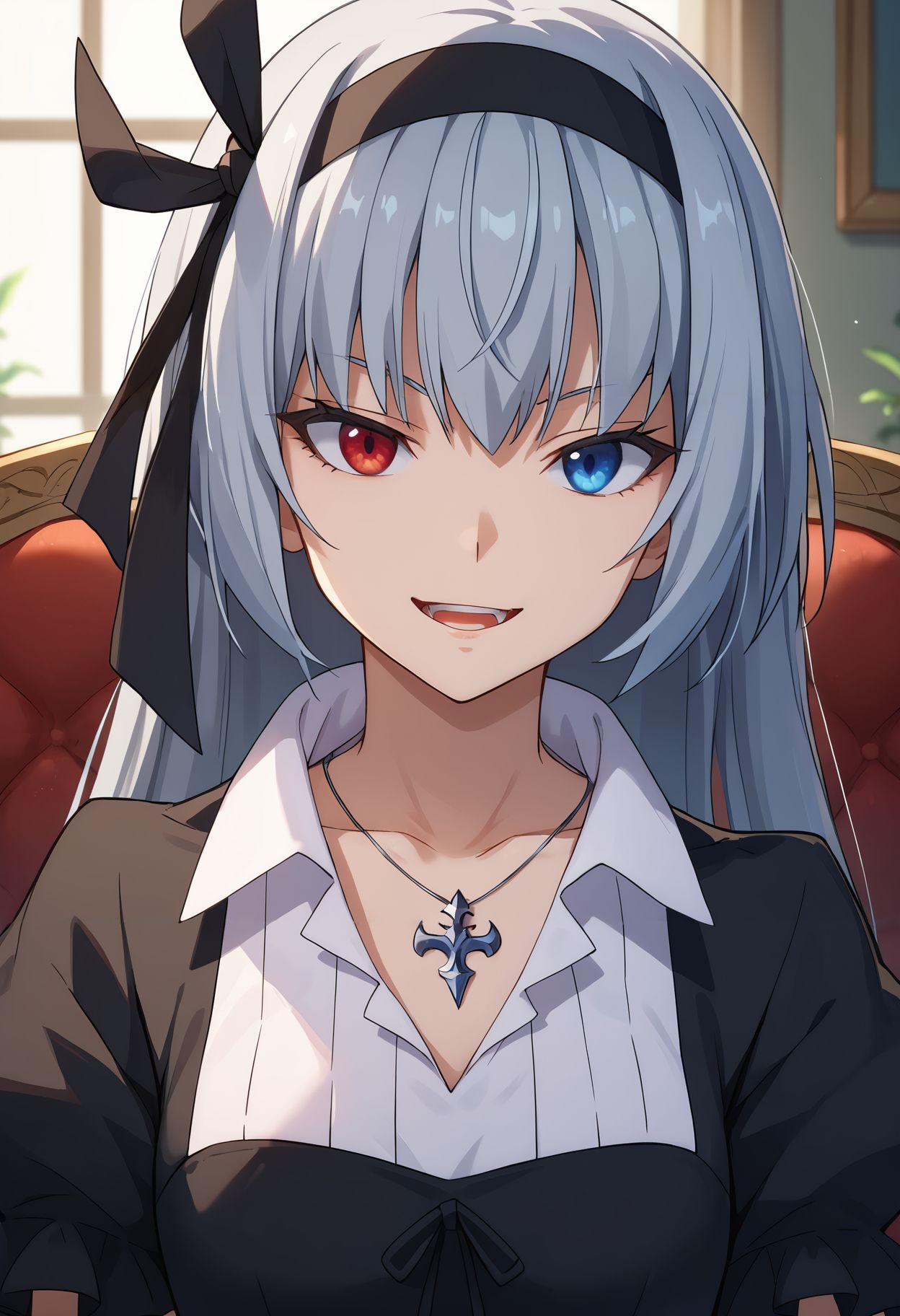 score_9, score_8_up, score_7_up, score_6_up, <lora:luminous_valentine_pdxl_goofy:1>lvslime, 1girl, solo, heterochromia, blue eyes, long hair, red eyes, necklace, jewelry, looking at viewer, hairband, sitting, open mouth, short sleeves, ribbon, upper body, collarbone, smile, black ribbon, grey hair, shirt, chair, black hairband, gothic , black dress, dress, puffy sleeves