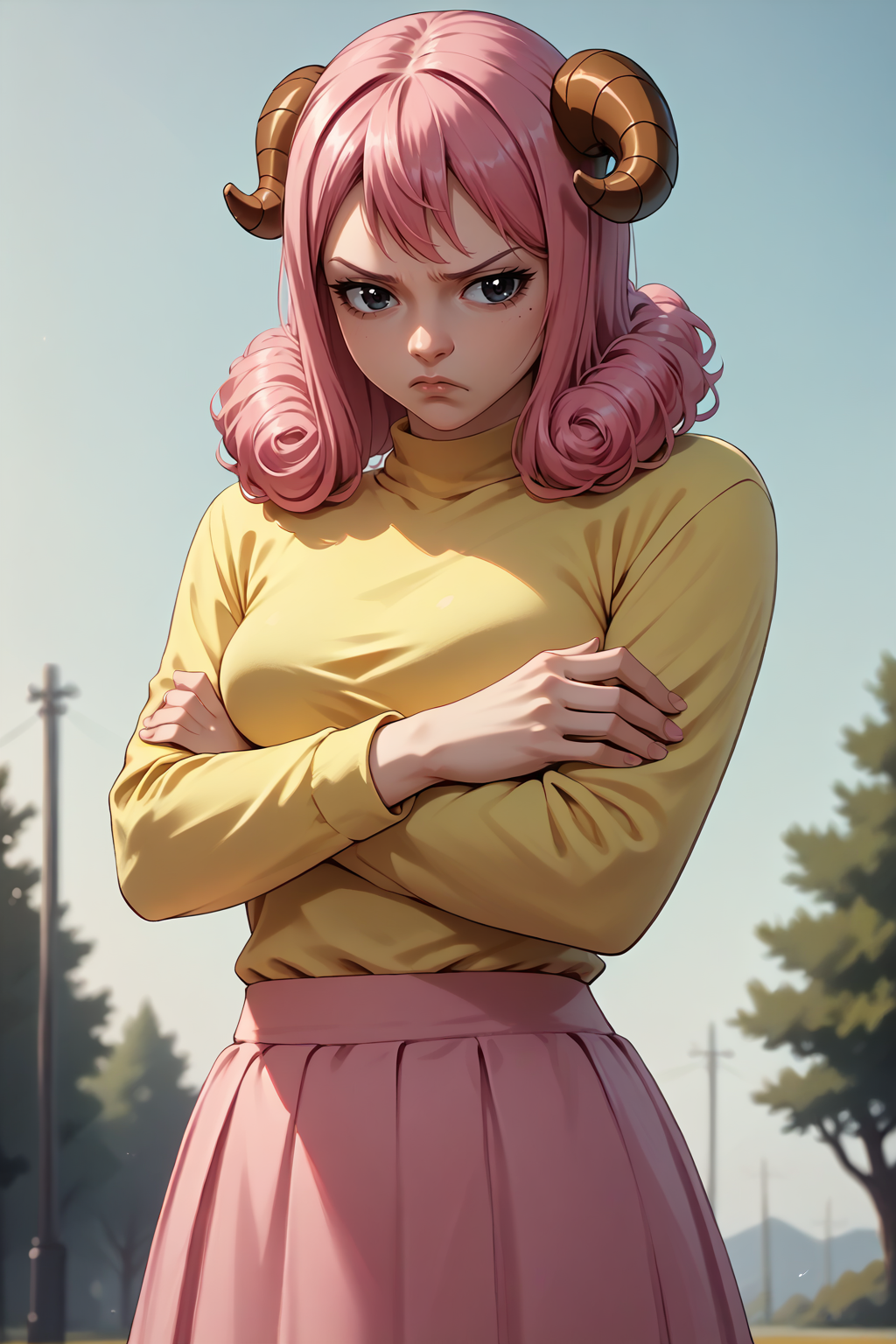 score_9, score_8_up, score_7_up, score_6_up, 1girl, solo BREAK <lora:NSAriesFairyTail:1> NSAriesFaiTai, sheep horns, pink hair, medium hair, hair curls, pouting, crossed arms, yellow shirt, pink skirt