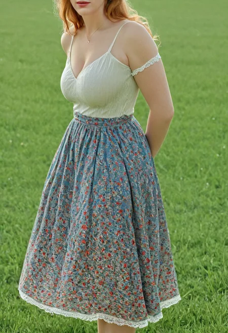 Masterpiece, detailed, realistic photo, standing, front_view, mature woman, fully_dressed, 44 years old, solo, soft sunlight, serene expression, flowing locks, floral headband, off-the-shoulder top, billowing sleeves, delicate lace details, dainty necklace, freckles dusting across nose and cheeks, rosy lips, gentle smile, bohemian skirt swaying around hips, wide hips, bare feet grazing over grass, peaceful contemplation, huge_breasts, Ultra detailed photo realistic background, realistic high detailed face, anatomic correct bodies, extremely realistic, lots of detail, strong, athletic, seductive, a little plump, many wrinkles, hands hidden or out of view, just pregnant, blue eyes.