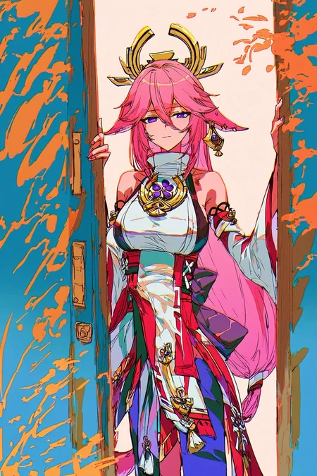 score_9, score_8_up, score_7_up, genshin impact, yae miko, animal ears, bare shoulders, breasts, detached sleeves, earrings, fox ears, fox girl, hair between eyes, japanese clothes, jewelry, large breasts, long hair, miko, pink hair, purple eyes, very long hair, wide sleeves, solo, solo focus, portrait, simple background, Standing in a doorway, half in shadow, half in light, creating a mysterious mood., <lora:mizucx:2>