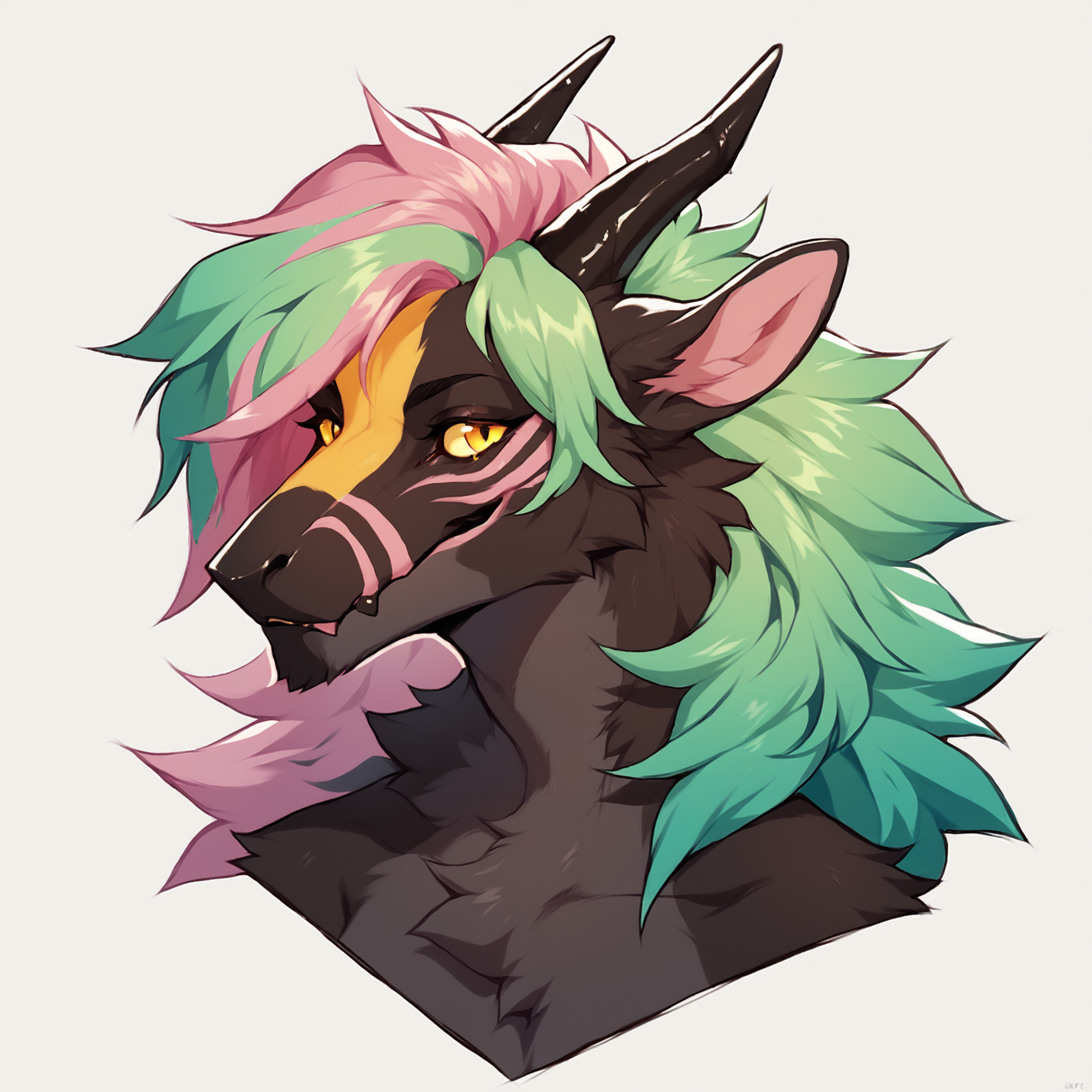 score_9, score_8_up, score_7_up, score_6_up, score_5_up, score_4_up, rating explicit, source furry BREAK
felkin, furred dragon, furred scalie, mythological creature, yellow eyes, female, 2 horns, black horn, colorful face markings, black body, pink highlights, green hair, multicolored fur, multicolored hair, bust portrait, <lora:Felkin_PonyV6XL:0.9>