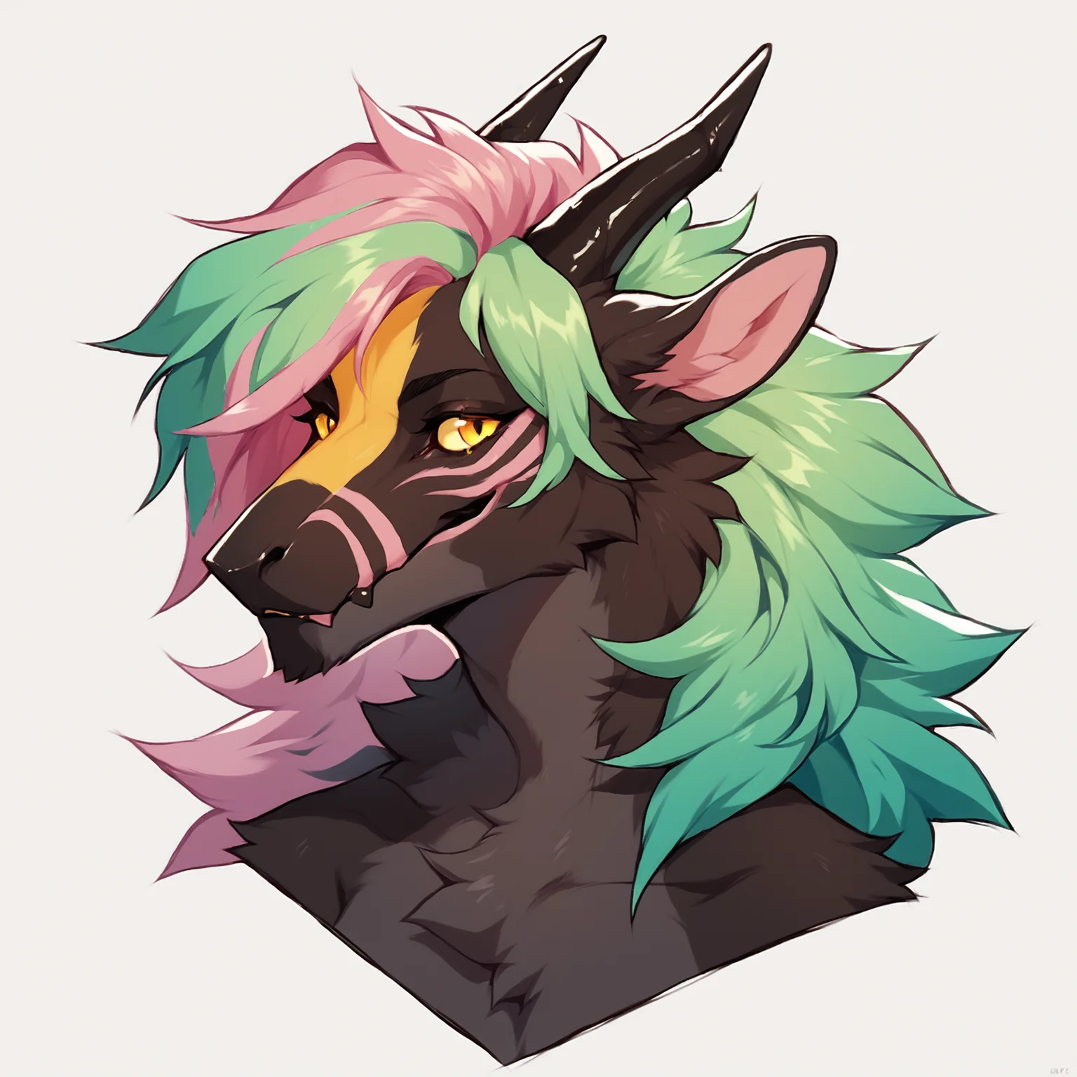 score_9, score_8_up, score_7_up, score_6_up, score_5_up, score_4_up, rating explicit, source furry BREAK
felkin, furred dragon, furred scalie, mythological creature, yellow eyes, female, 2 horns, black horn, colorful face markings, black body, pink highlights, green hair, multicolored fur, multicolored hair, bust portrait, <lora:Felkin_PonyV6XL:0.9>