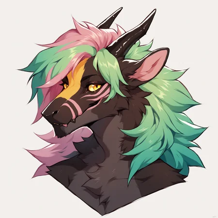 score_9, score_8_up, score_7_up, score_6_up, score_5_up, score_4_up, rating explicit, source furry BREAK
felkin, furred dragon, furred scalie, mythological creature, yellow eyes, female, 2 horns, black horn, colorful face markings, black body, pink highlights, green hair, multicolored fur, multicolored hair, bust portrait, <lora:Felkin_PonyV6XL:0.9>