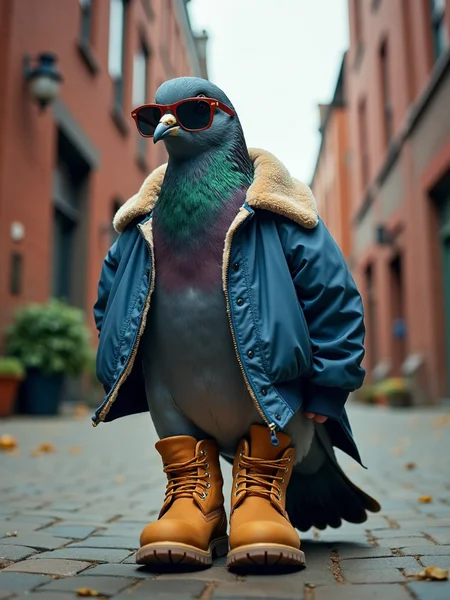 Snapshot of northeast american pigeon wearing timberland boots, blue aviation bomber jacket, rayban sunglasses, surreal stret scene, urban brick jungle backdrop