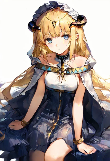 score 9, score 8 up, score 7 up, rating questionable,detailed background,aroused,cinematic lighting,dynamic lighting, source_anime,
1girl, nightingale \(arknights\),yellow hair,blue eyes,horns,upper body,dress,white background,alternate costume,