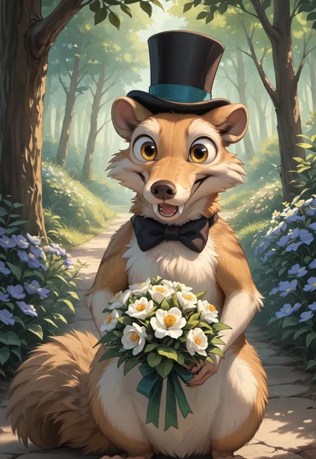 masterpiece, score_9_up, score_8_up, score_7_up, score_6_up, source_furry, (best quality:1.1), ultra-detailed, high resolution, solo BREAK Scrat, feral, squirrel, male, saber-toothed, (beautiful detailed yellow eyes), (fluffy tail:1.2), fur, adorable, (happy expression, cute face:1.4), ((looking at viewer)), black bow tie, top hat, (holding a bouquet of flowers:1.3), look at viewer BREAK outside, forest, wedding scene, nature, colorful flowers, heavy outline, warm light, day BREAK perfect lighting, extremely detailed, j_cartoon, tranquil setting, high detail, serene, Expressiveh, detailed background, zPDXL3
