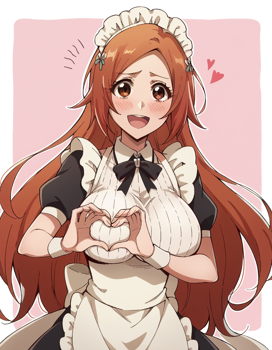 score_9, score_8_up, score_7_up, source_anime, <lora:inoue-orihime-tybw-ponyxl-lora-nochekaiser:1>, inoue orihime, long hair, orange hair, brown eyes, large breasts,, <lora:moe-moe-kyun-ponyxl-lora-nochekaiser:1> heart-shaped boob challenge, moe moe kyun! heart hands, enmaided, maid, maid headdress, apron, maid apron, ,, open mouth, blush, embarrassed, clsoed eyes, smile,, cowboy shot