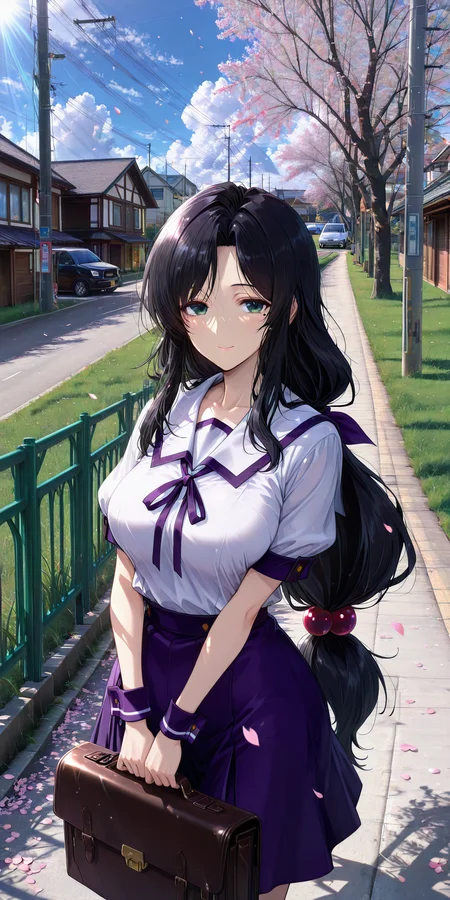 <lora:Komatsu Eiji_illustriousXL>,1girl,solo,long hair,school uniform,skirt,school briefcase,low-tied long hair,bag,school bag,holding,smile,short sleeves,looking at viewer,holding bag,standing,sky,v arms,neck ribbon,hair bobbles,puffy sleeves,white shirt,shirt,serafuku,pleated skirt,purple skirt,sailor collar,wrist cuffs,closed mouth,briefcase,day,<lora:re4lity:0.8>,re4lity_sync_illu,scenery,photo background,sunlight,<lora:machikado:0.1>,machikado,power lines,ground vehicle,motor vehicle,car,sign,utility pole,street,building,fence,green fence,road sign,day,sky,cloud,shadow,house,(cherry blossoms:1.2),tree,small park,playground equipment,(petals:1.2),dappled sunlight,(sunlight filtering through the trees),((grass:1.2)),from_above,fisheye,<lora:milf:1>,milf123,black hair,long hair,parted bangs,hair ribbon,mole under eye,mature_female,mature,cowboy_shot,upper_body,, masterpiece,best quality,cinematic lighting,amazing quality,very aesthetic,absurdres,best quality,4k,upscale