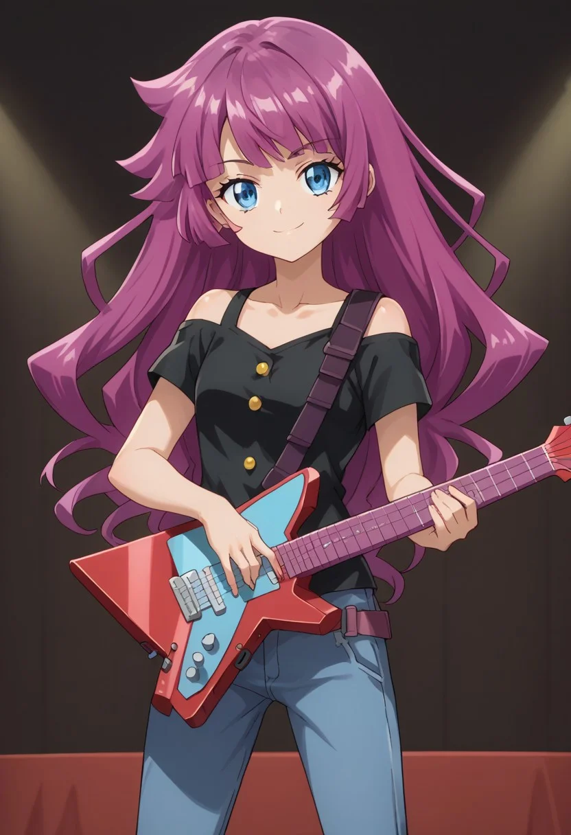 score_9, score_8_up, score_7_up, source_anime, highly detailed,
rominkassidy, 1girl, solo, blue eyes, long hair, purple hair, instrument, holding,
smile, looking at viewer, shirt, guitar, black shirt,
bangs, collarbone, shiny, pants,
indoor, stage,