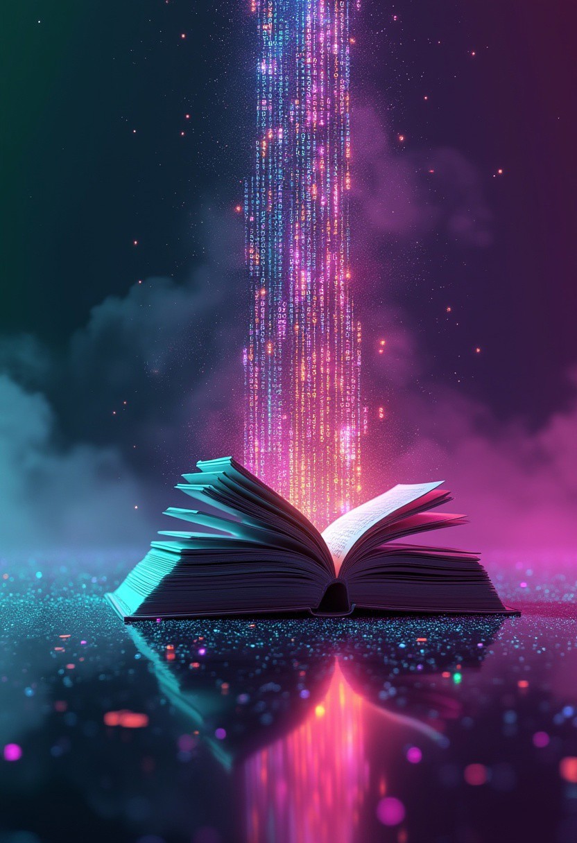 A surreal image of a standing book, its structure deteriorating into ascending bytes that fade into infinity, symbolizing the transition from paper to digital. The upper half of the book has already vanished into a digital void. The scene is illuminated by neon tones, blending vibrant purples, blues, and greens. The book stands on a dark, glossy surface that reflects the neon glow, surrounded by scattered pages transforming into glowing binary code. The atmosphere is ethereal and futuristic, with a faint mist enveloping the scene. The perspective is slightly tilted, giving a dynamic view of the transformation, and the lighting emphasizes the glowing, fragmented bytes as they ascend into a starry digital void.