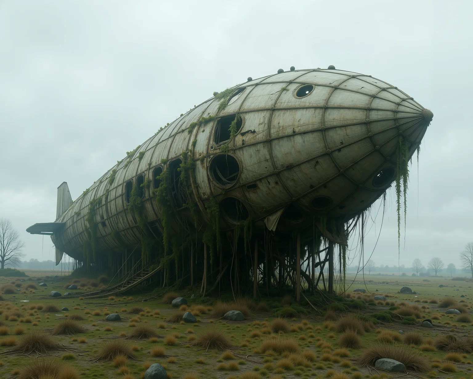 D@m@ge. The image is a photograph of a large, old, and abandoned airship, heavily weathered and overgrown with vegetation, set against a dramatic, overcast sky. The airship, a massive, bulbous dirigible, is constructed from a complex network of metal struts and fabric, now rusted and torn. The structure is covered in patches of moss and vines, with various parts of the fabric hanging loose and torn, revealing the skeletal framework beneath. 

The airship's nose is pointed upwards, with a large, circular window at the front, partially obscured by vegetation. The body of the ship is adorned with multiple, large, circular windows, some of which are broken or covered with vegetation.
