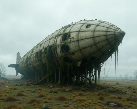 D@m@ge. The image is a photograph of a large, old, and abandoned airship, heavily weathered and overgrown with vegetation, set against a dramatic, overcast sky. The airship, a massive, bulbous dirigible, is constructed from a complex network of metal struts and fabric, now rusted and torn. The structure is covered in patches of moss and vines, with various parts of the fabric hanging loose and torn, revealing the skeletal framework beneath.
The airship's nose is pointed upwards, with a large, circular window at the front, partially obscured by vegetation. The body of the ship is adorned with multiple, large, circular windows, some of which are broken or covered with vegetation.
