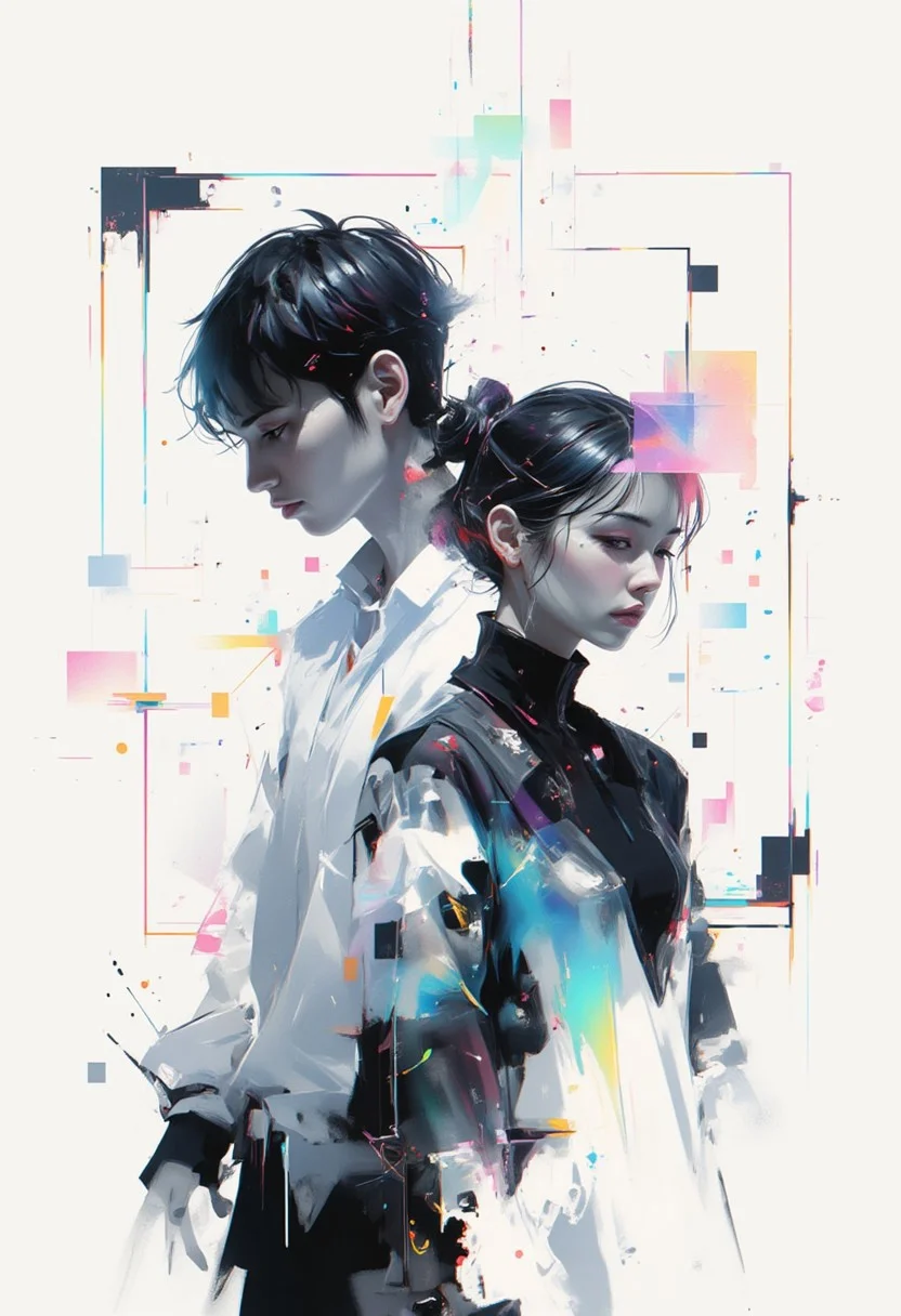 aidmaimageupgrader, male and female character framed by geometric shapes, glitchcore aesthetic, white space dominance, minimalist design, soft gradients, glowing holographic lines, fragmented glitch effects, subtle neon overlays, abstract symmetry, futuristic fashion with clean lines, muted color palette, digital distortion around edges, serene atmosphere, faded visual artifacts, worn textures, dreamlike holographic glow, delicate composition, degraded digital aesthetics, quiet focus, ethereal ambiance,pscho_4rt