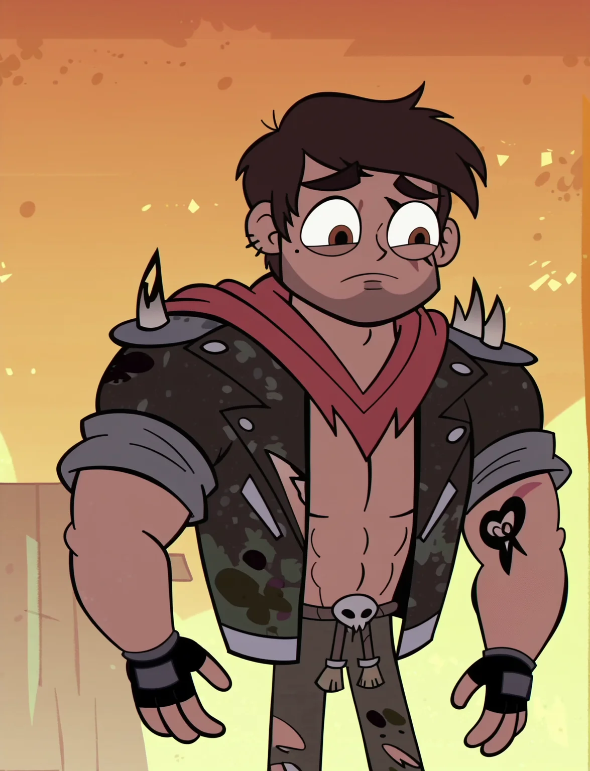 score_9, score_8_up, score_7_up, score_6_up, score_5_up, 1boy, <lora:SVTFOE_Diaz_Family:1> future marco, jacket, spikes,brown eyes, pants, torn clothes, mole under eye,
fingerless gloves, svtfoe style,
<lora:Khyleri_EXL:0.35> orange background,