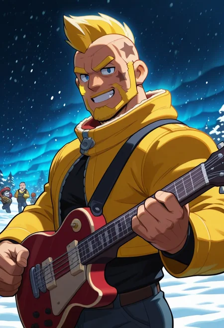 mbtiesfp, 1boy, blonde, short hair, black star on face,, yellow jacket, black shirt, looking at viewer, smirk, grin, happy, brawlStars, in the amusement park, pants, portrait, half body, upper body, blue eyes, shaved mohawk, source_cartoon, 2d, bara, manly, muscular, 3/4 view, night sky, aurora in the sky, snow, playing guitar, {{holding red electric guitar}}, in the concert, ((floating colorful muscial notes)), snowstorm, Side View, Pec focus, left view, warm lighting, with people walking background, {{colorful glowing musical notes}}, yellow eyebrows, yellow chin hair, facial hair, dutch angle, Vinlandsagastyle-IL.V1.0