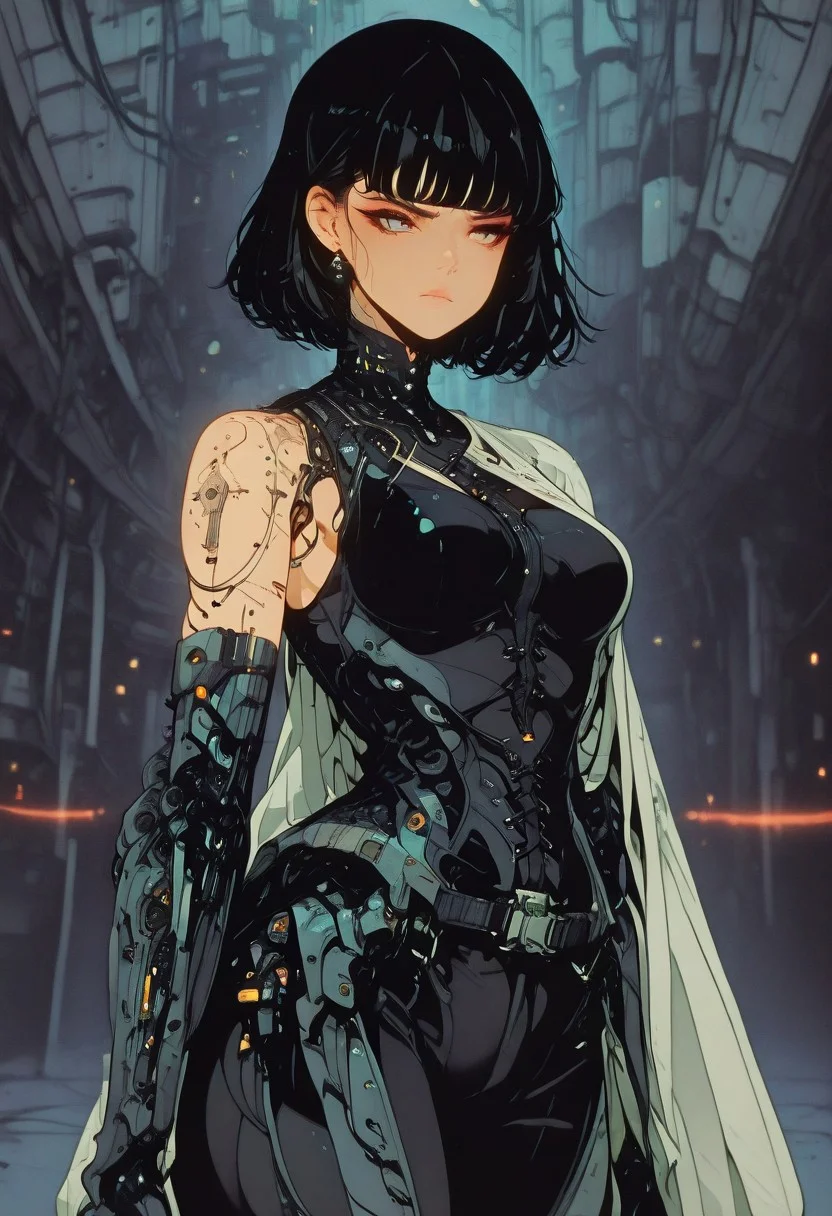 masterpiece, best quality, good quality, very aesthetic, absurdres, newest, 8K, depth of field, focused subject, 1 indian girl, standing confidently in a futuristic city plaza, wearing advanced techwear inspired by a saree, one shoulder covered by a flowing asymmetric cape made of dark smart fabric with embedded fiber optic threads glowing subtly, intricate circuit board patterns mimicking traditional borders, fitted armored bodice underneath, high-tech trousers or leggings, modular utility belt, cybernetic henna patterns glowing on one arm, determined expression, 0n3sp3g