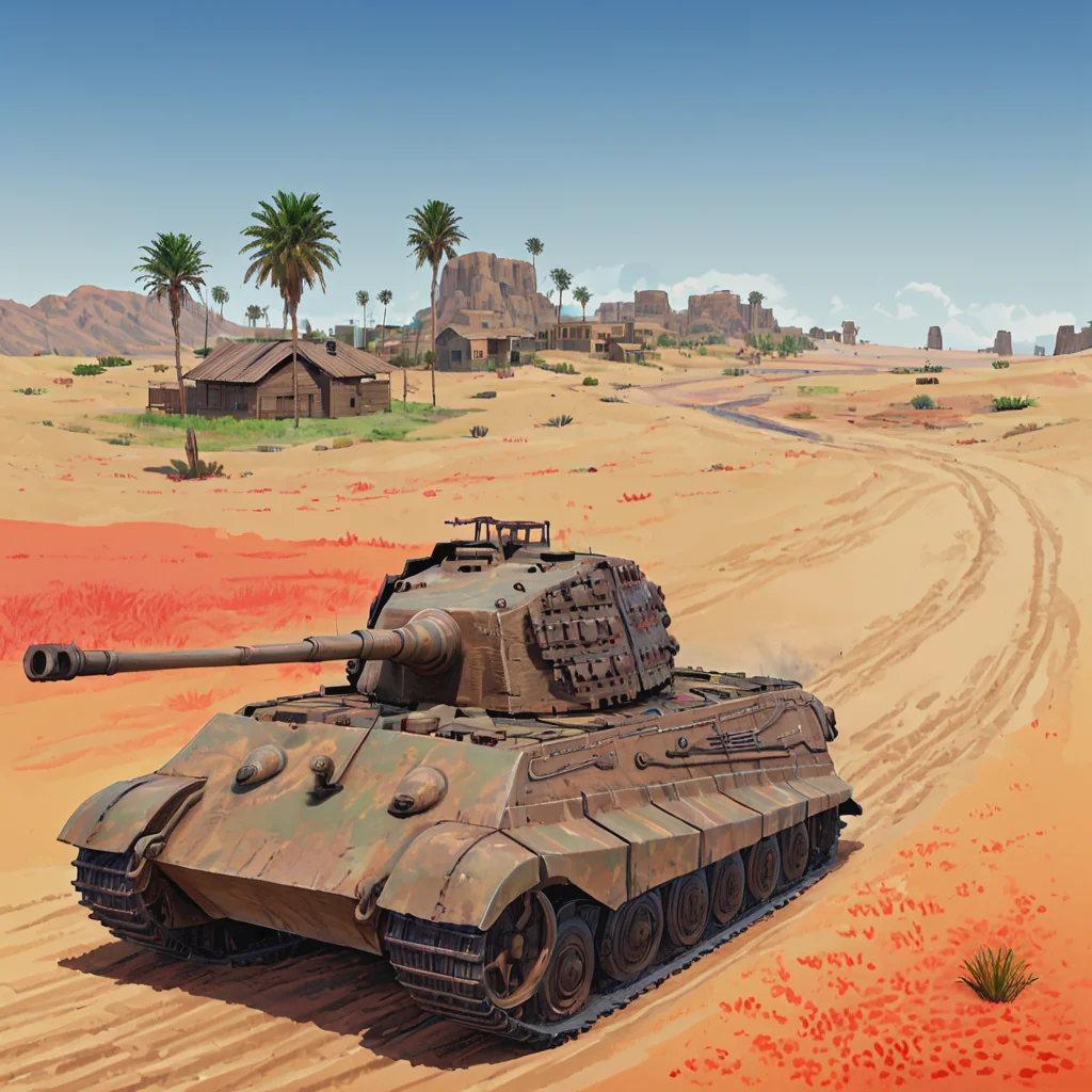 a kngtgrtnk tank is driving through the north african desert along a coastal road passing camel drivers and a small oasis, ((pulp_comic, heavy_lines, hand_drawn, hand_inked, hand_colored, apxlz))